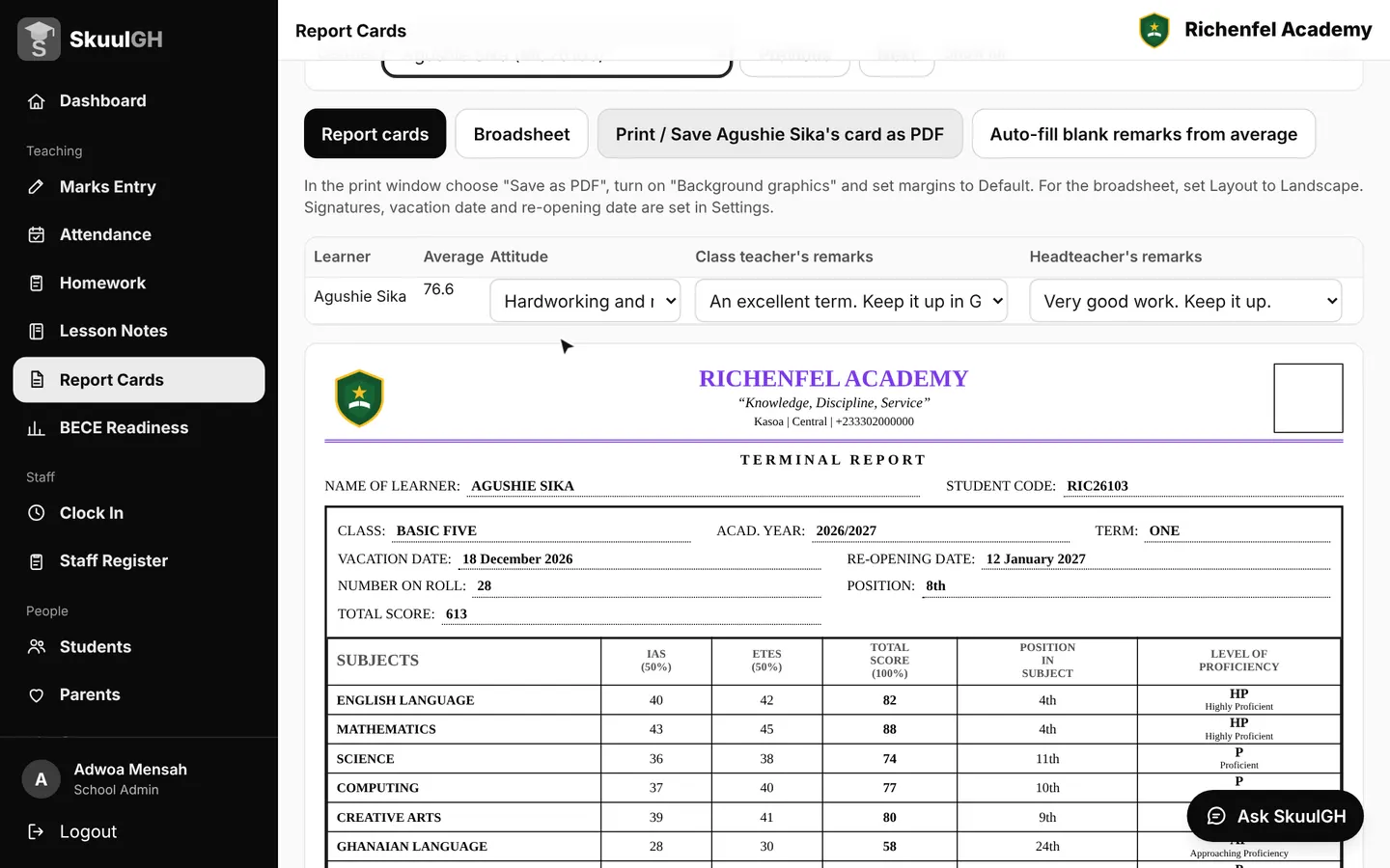 A GES terminal report card